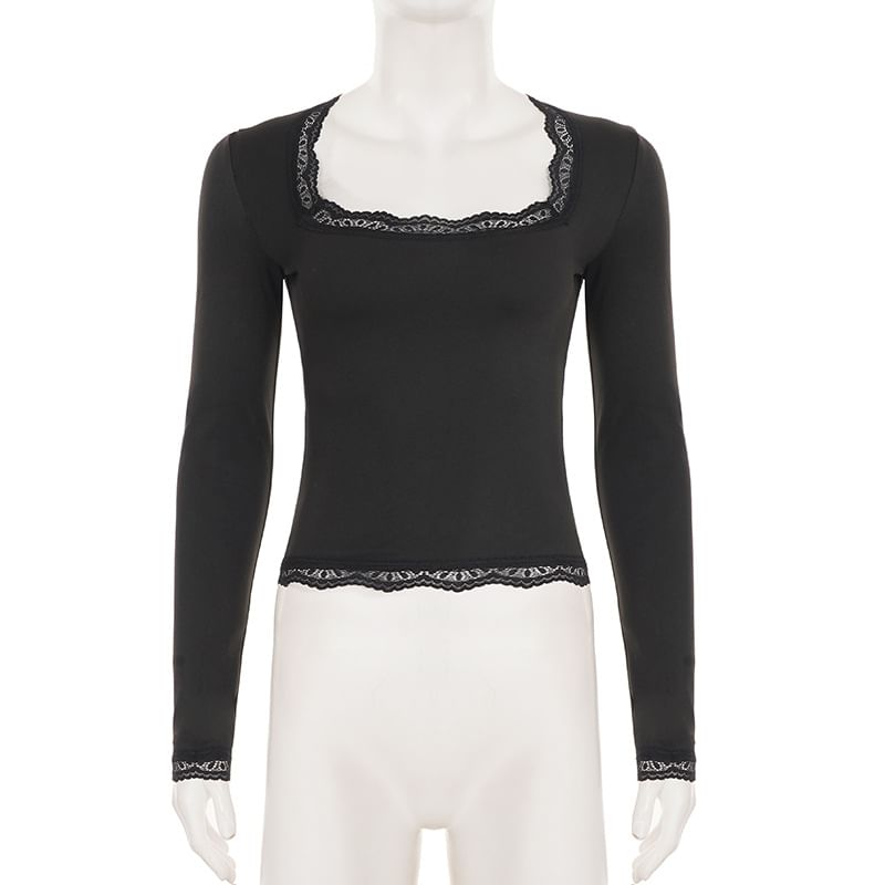 Square-Neck Cropped Top with Lace Trim and Long Sleeves