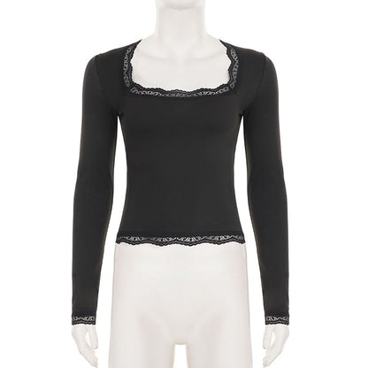 Square-Neck Cropped Top with Lace Trim and Long Sleeves