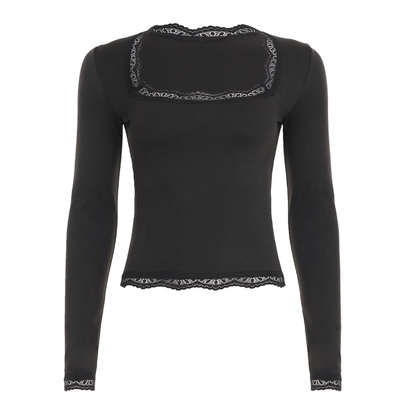 Square-Neck Cropped Top with Lace Trim and Long Sleeves