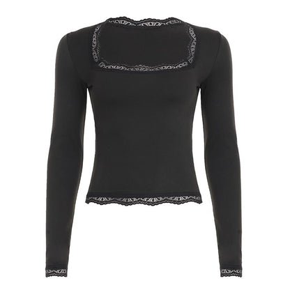 Square-Neck Cropped Top with Lace Trim and Long Sleeves