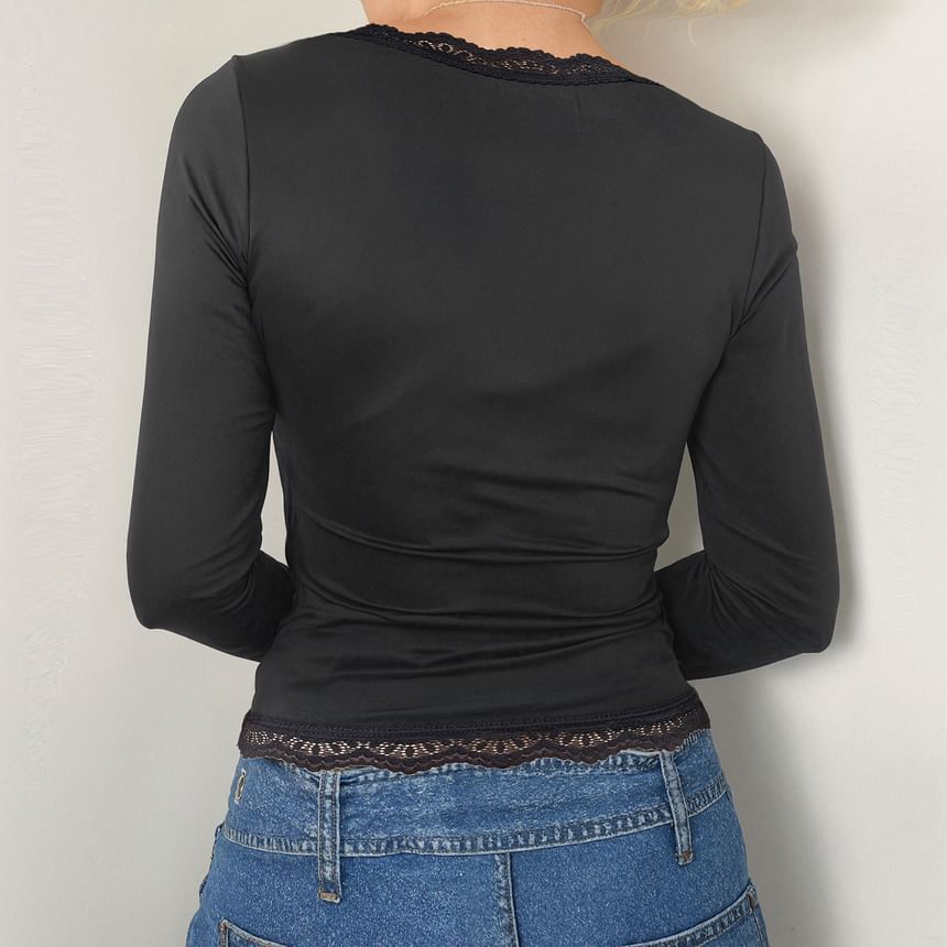 Square-Neck Cropped Top with Lace Trim and Long Sleeves