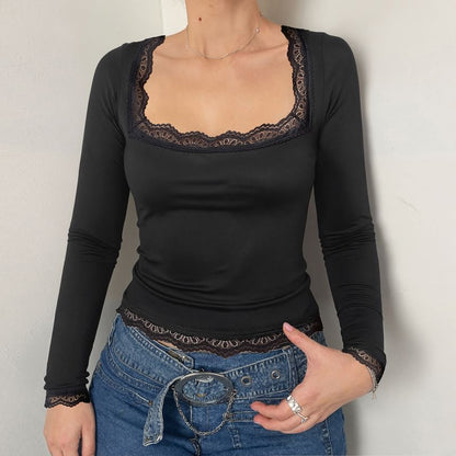 Square-Neck Cropped Top with Lace Trim and Long Sleeves