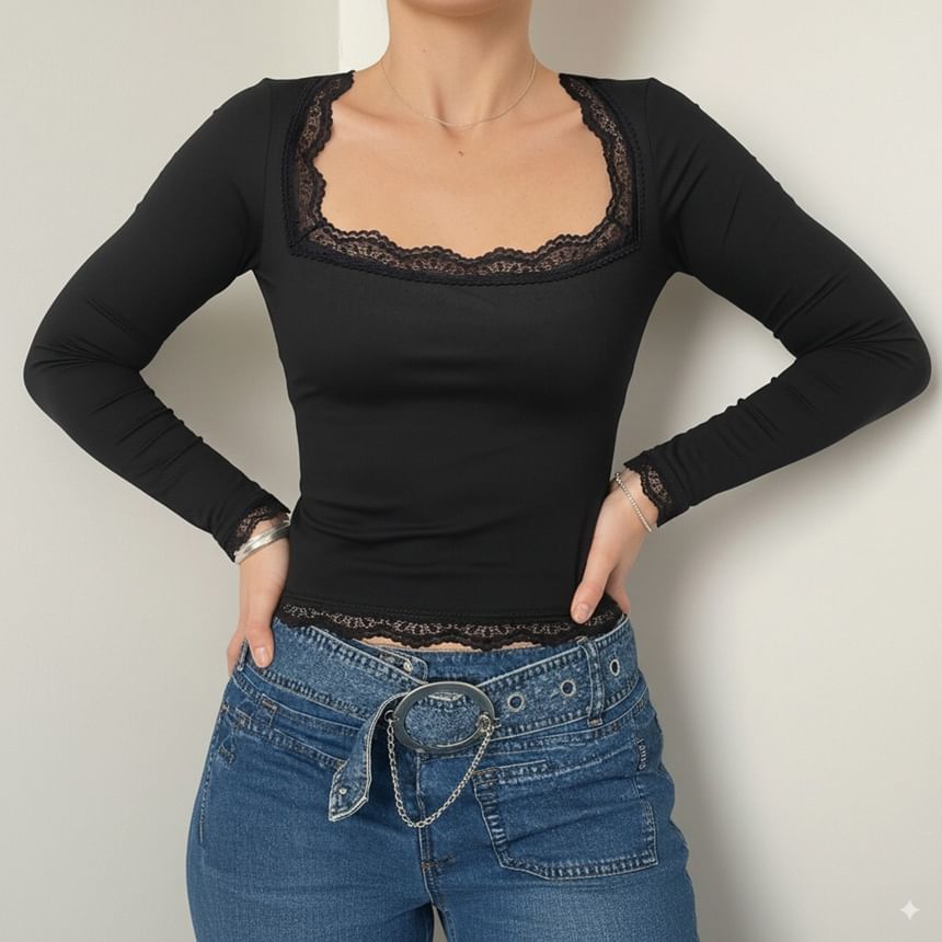 Square-Neck Cropped Top with Lace Trim and Long Sleeves