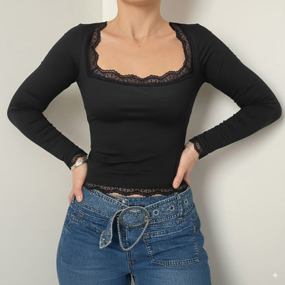 Square-Neck Cropped Top with Lace Trim and Long Sleeves