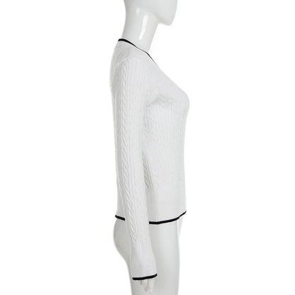 Cropped V-Neck Sweater with Contrasting Trim