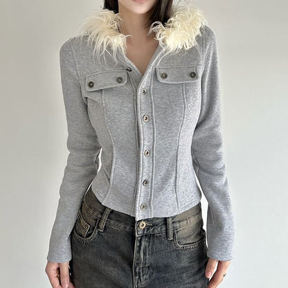 Furry Trim Button-Up Hooded Crop Jacket