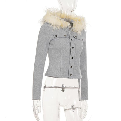 Furry Trim Button-Up Hooded Crop Jacket