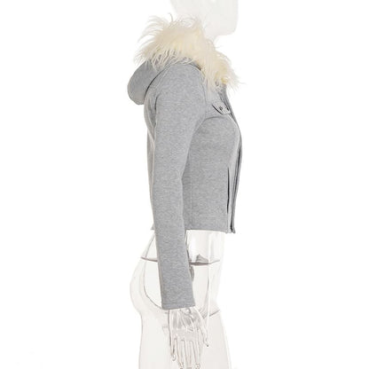 Furry Trim Button-Up Hooded Crop Jacket
