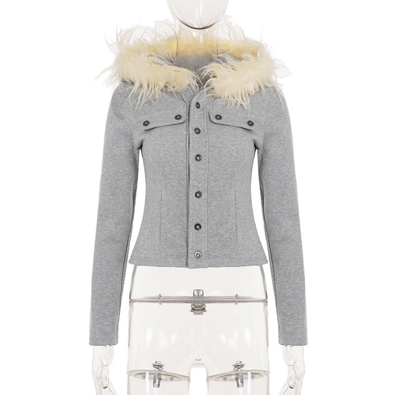 Furry Trim Button-Up Hooded Crop Jacket