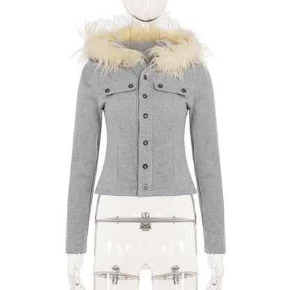 Furry Trim Button-Up Hooded Crop Jacket