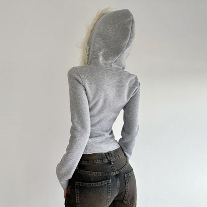 Furry Trim Button-Up Hooded Crop Jacket