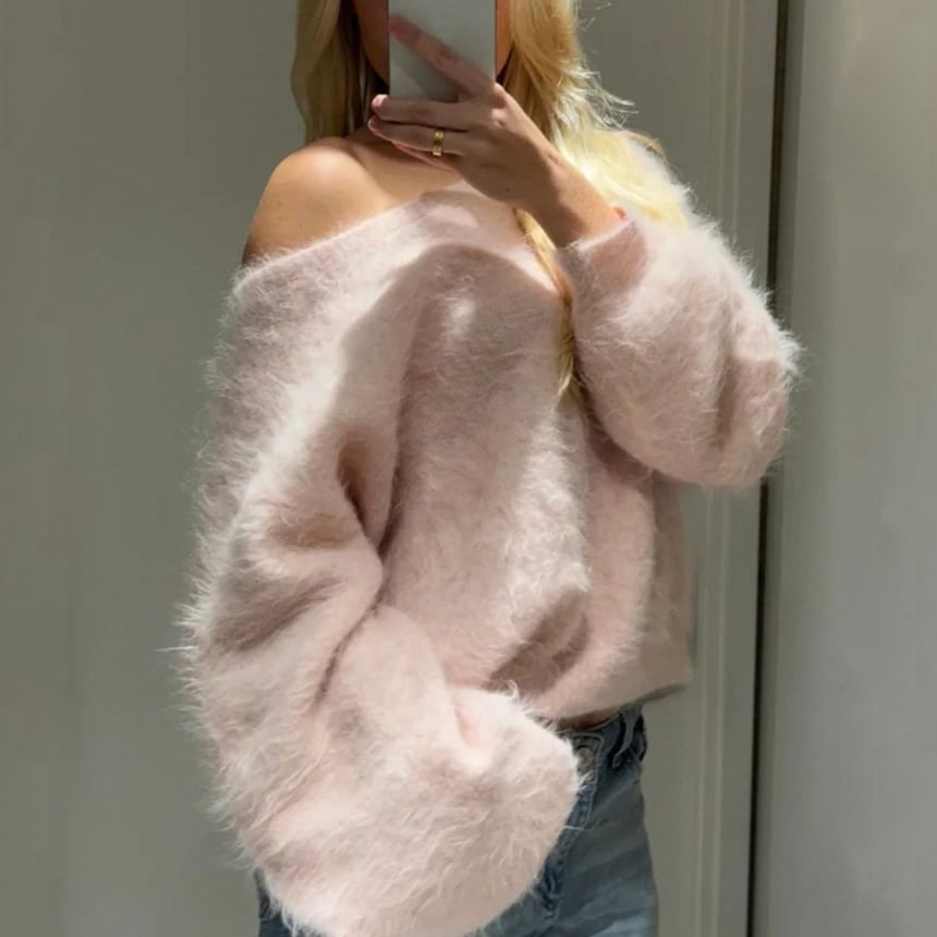 Fuzzy Off-the-Shoulder Pullover Sweater
