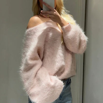 Fuzzy Off-the-Shoulder Pullover Sweater