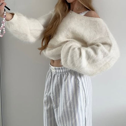 Fuzzy Off-the-Shoulder Pullover Sweater