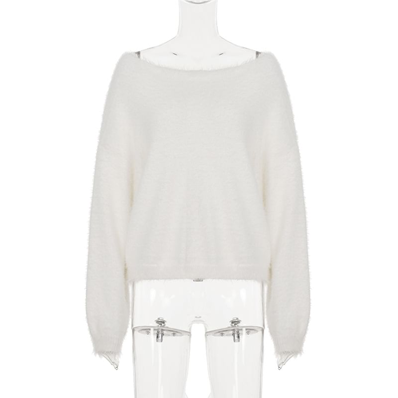 Fuzzy Off-the-Shoulder Pullover Sweater