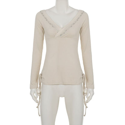 Rhinestone-Embellished V-Neck Tee with Long Sleeves