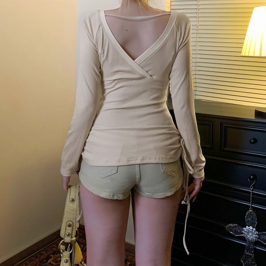 Rhinestone-Embellished V-Neck Tee with Long Sleeves