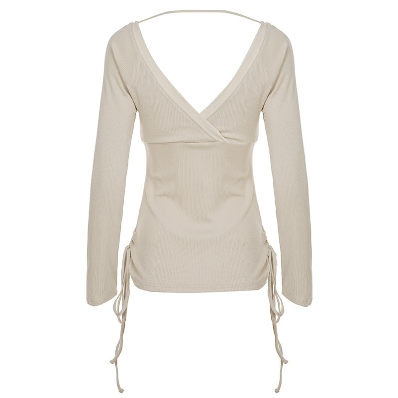 Rhinestone-Embellished V-Neck Tee with Long Sleeves