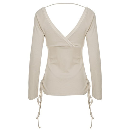 Rhinestone-Embellished V-Neck Tee with Long Sleeves
