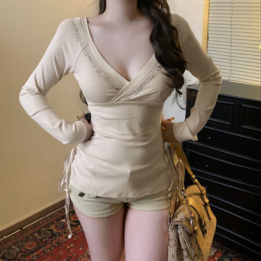 Rhinestone-Embellished V-Neck Tee with Long Sleeves