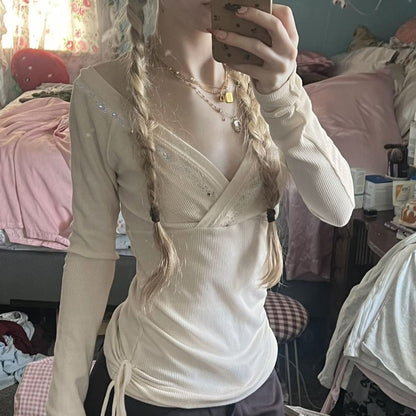Rhinestone-Embellished V-Neck Tee with Long Sleeves