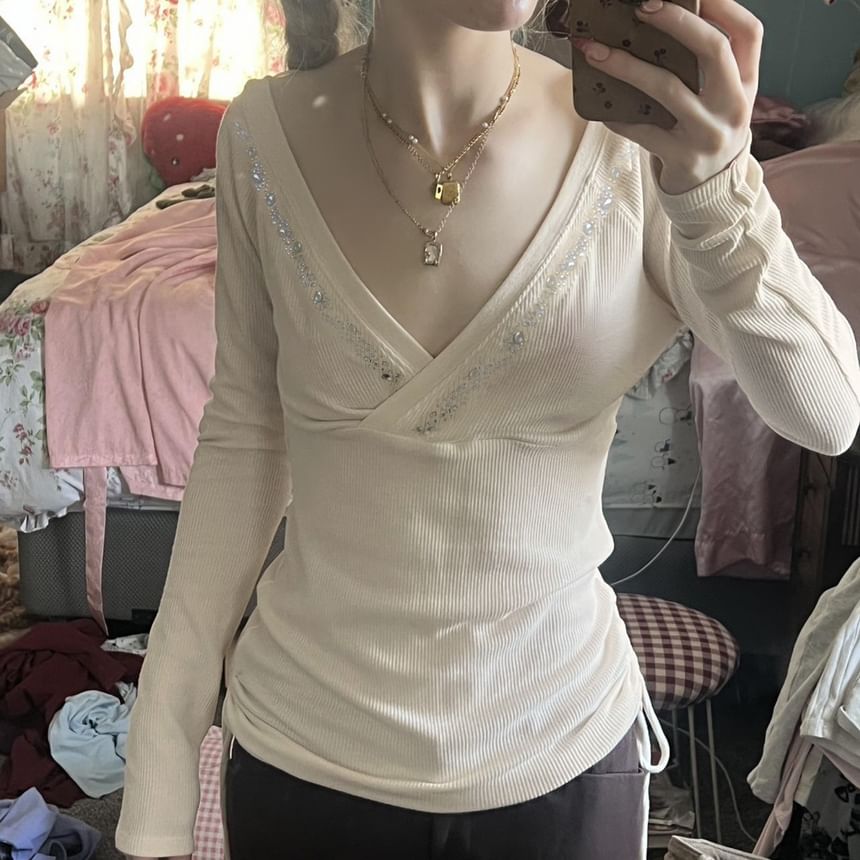 Rhinestone-Embellished V-Neck Tee with Long Sleeves