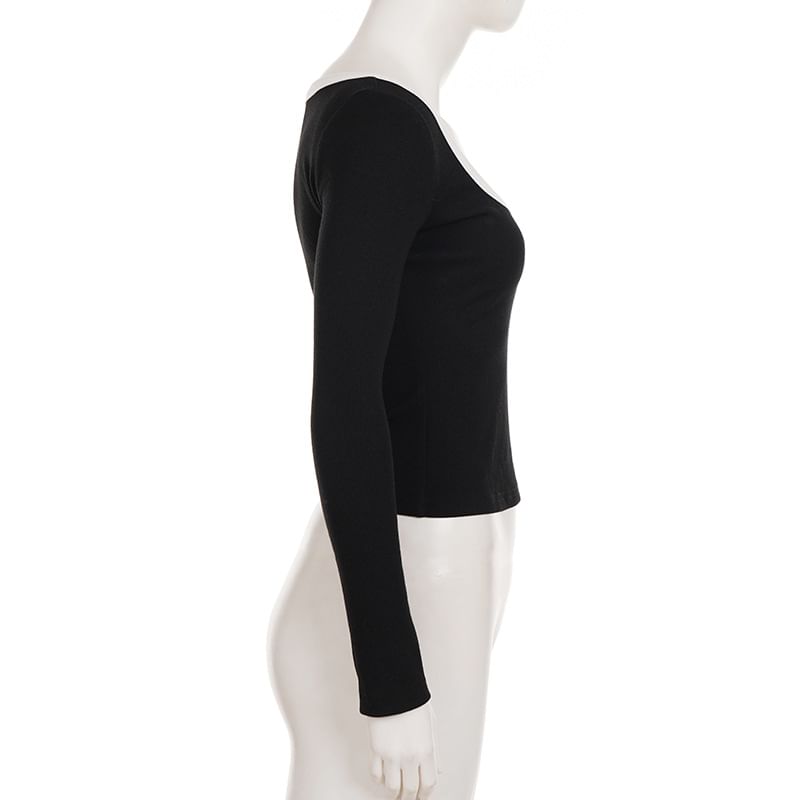 Two-Tone Cropped Scoop-Neck Tee with Long Sleeves
