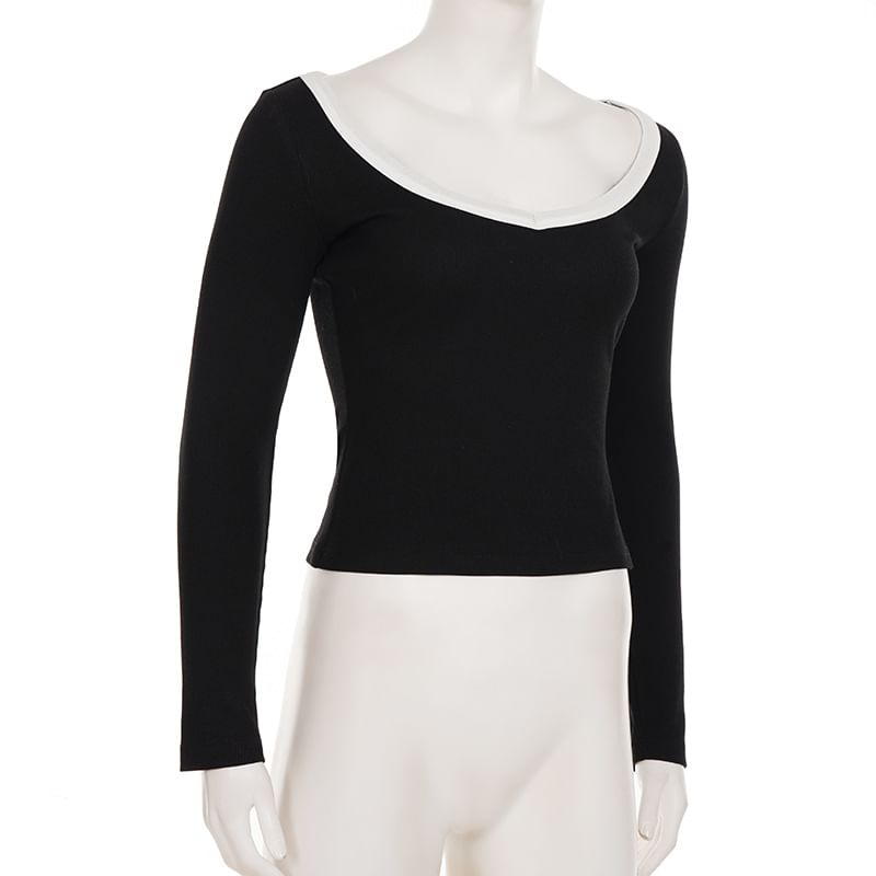Two-Tone Cropped Scoop-Neck Tee with Long Sleeves