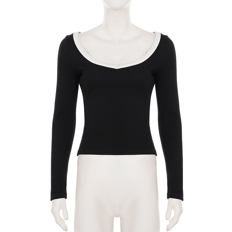 Two-Tone Cropped Scoop-Neck Tee with Long Sleeves