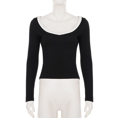 Two-Tone Cropped Scoop-Neck Tee with Long Sleeves