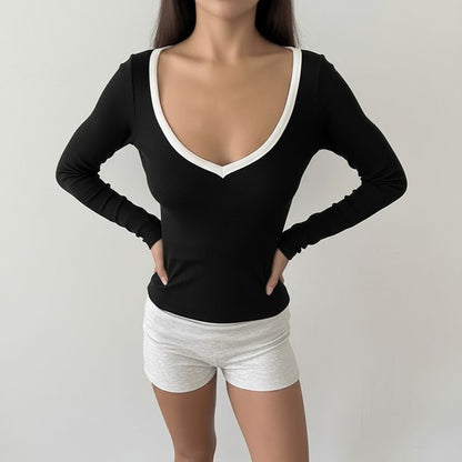 Two-Tone Cropped Scoop-Neck Tee with Long Sleeves