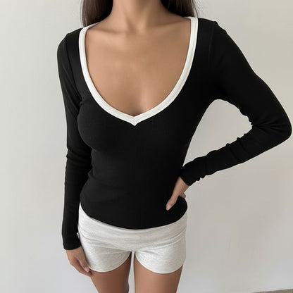 Two-Tone Cropped Scoop-Neck Tee with Long Sleeves