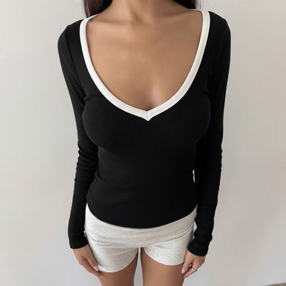 Two-Tone Cropped Scoop-Neck Tee with Long Sleeves
