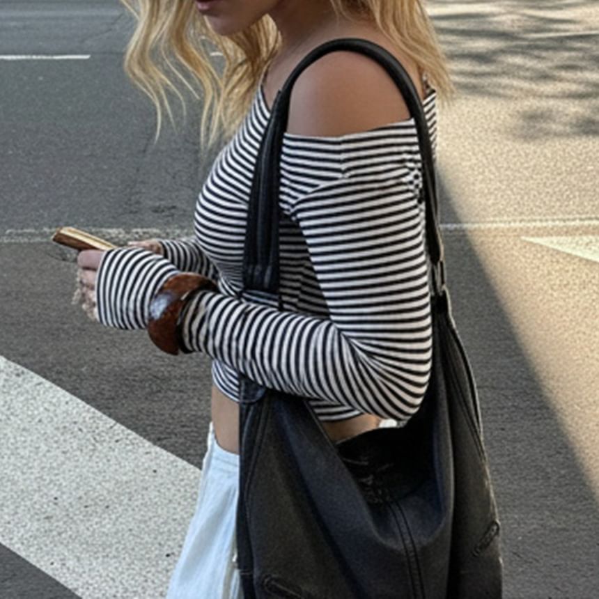 Striped Off-the-Shoulder Cropped Knit Top with Long Sleeves