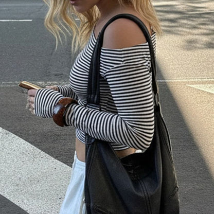 Striped Off-the-Shoulder Cropped Knit Top with Long Sleeves