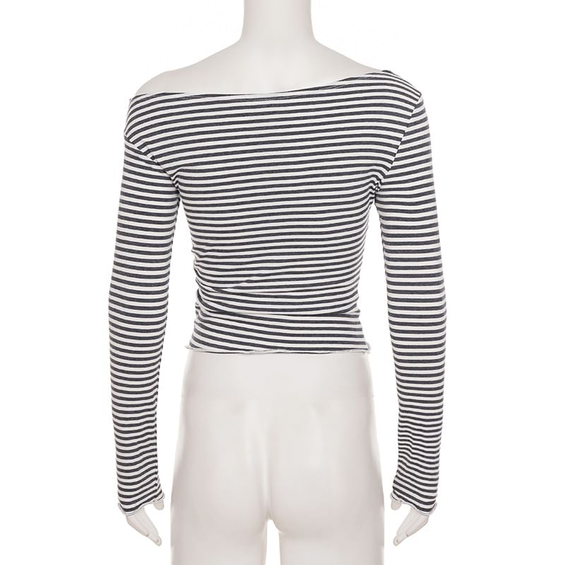 Striped Off-the-Shoulder Cropped Knit Top with Long Sleeves