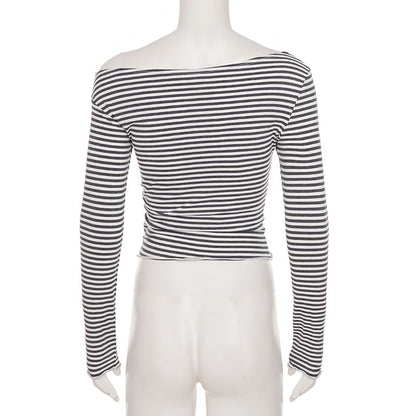 Striped Off-the-Shoulder Cropped Knit Top with Long Sleeves