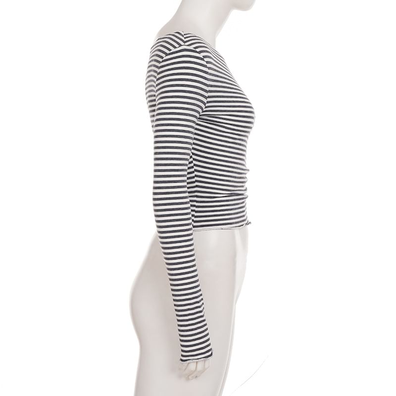 Striped Off-the-Shoulder Cropped Knit Top with Long Sleeves