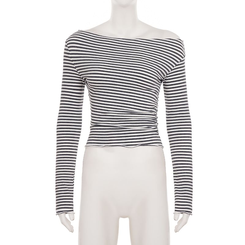 Striped Off-the-Shoulder Cropped Knit Top with Long Sleeves