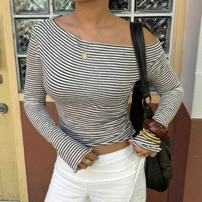 Striped Off-the-Shoulder Cropped Knit Top with Long Sleeves