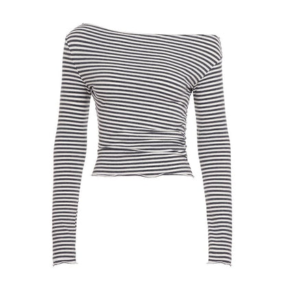 Striped Off-the-Shoulder Cropped Knit Top with Long Sleeves