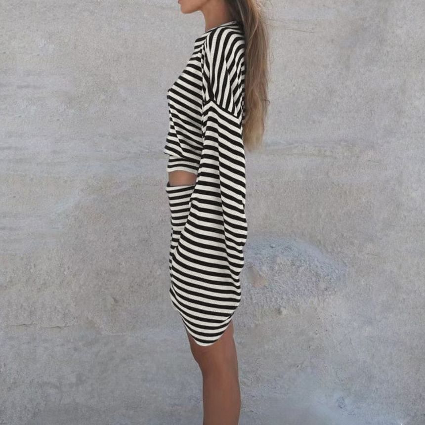 Matching Set: Striped Cropped Tee and Mini Pencil Skirt with Long Sleeves