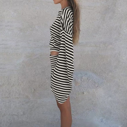 Matching Set: Striped Cropped Tee and Mini Pencil Skirt with Long Sleeves