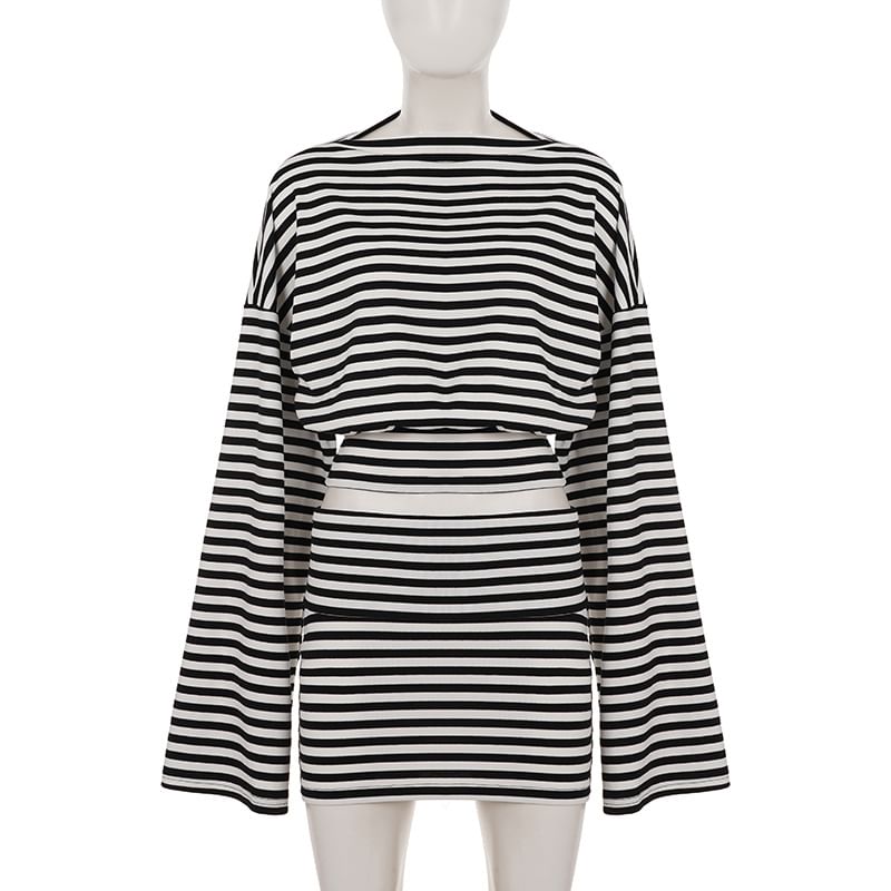 Matching Set: Striped Cropped Tee and Mini Pencil Skirt with Long Sleeves