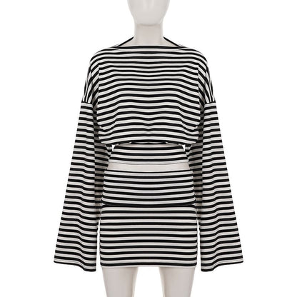 Matching Set: Striped Cropped Tee and Mini Pencil Skirt with Long Sleeves