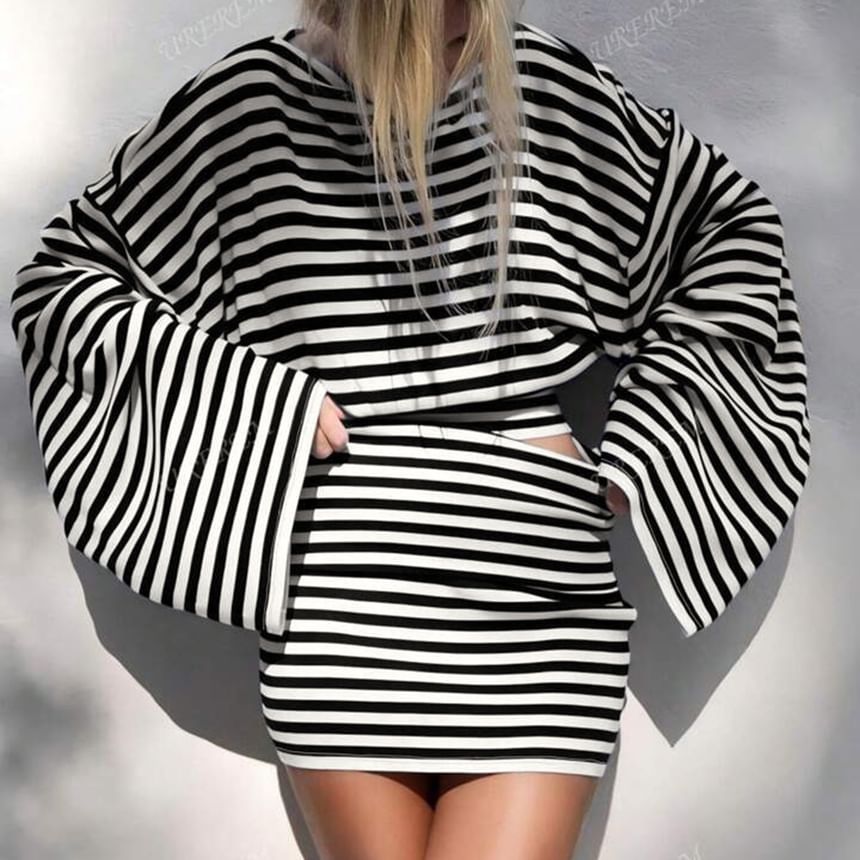Matching Set: Striped Cropped Tee and Mini Pencil Skirt with Long Sleeves