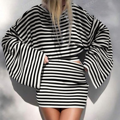 Matching Set: Striped Cropped Tee and Mini Pencil Skirt with Long Sleeves