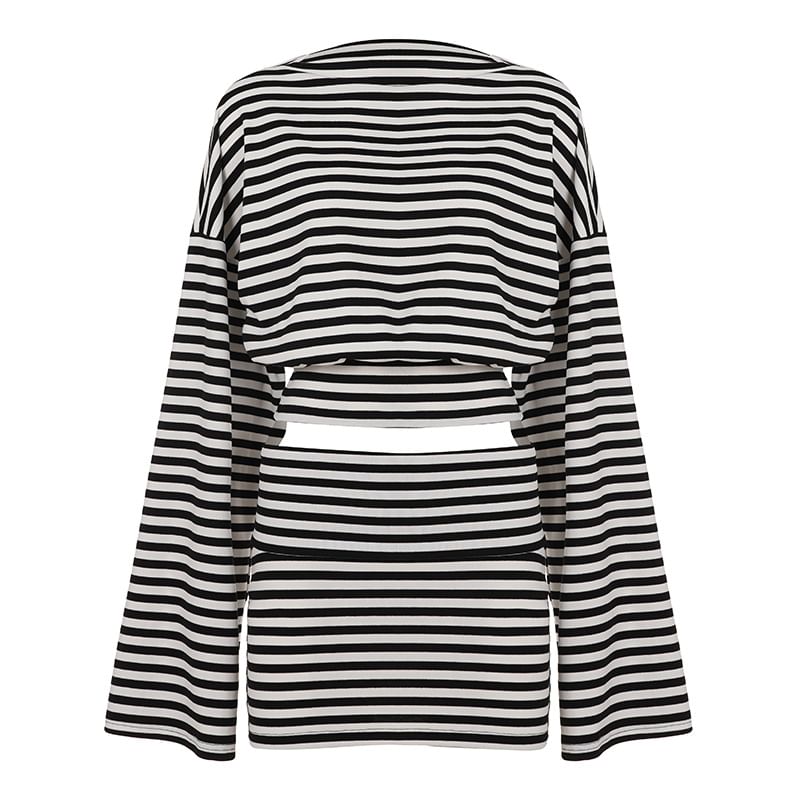 Matching Set: Striped Cropped Tee and Mini Pencil Skirt with Long Sleeves