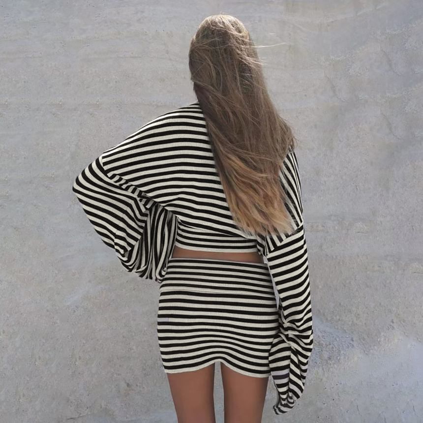 Matching Set: Striped Cropped Tee and Mini Pencil Skirt with Long Sleeves