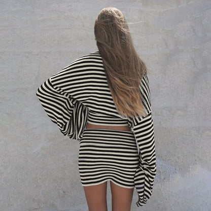 Matching Set: Striped Cropped Tee and Mini Pencil Skirt with Long Sleeves